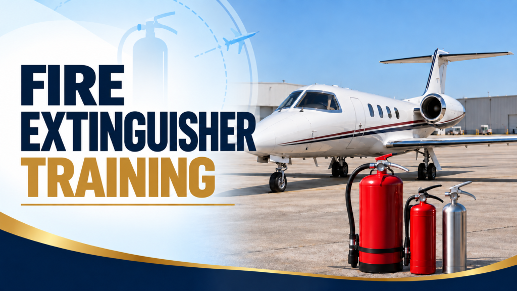 Featured image for Fire Extinguisher Training showing a business jet on an airport ramp with several portable fire extinguishers in the foreground, using the AVCourse navy, gold, and light blue training design.